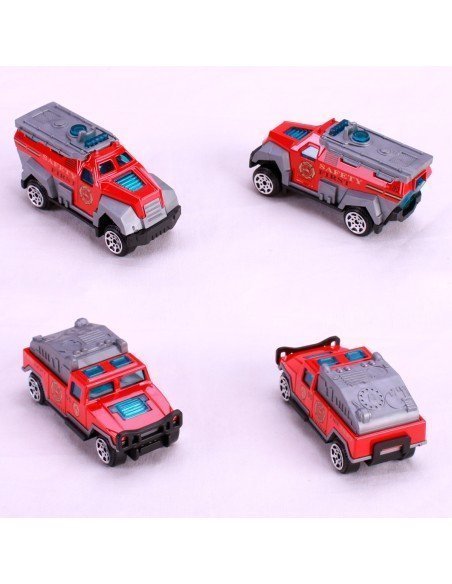 Set de Vehículos de Bomberos Color Rojo de Metal Medidas Promedio 7cm x 3.5cm x 3cm-JU-39527