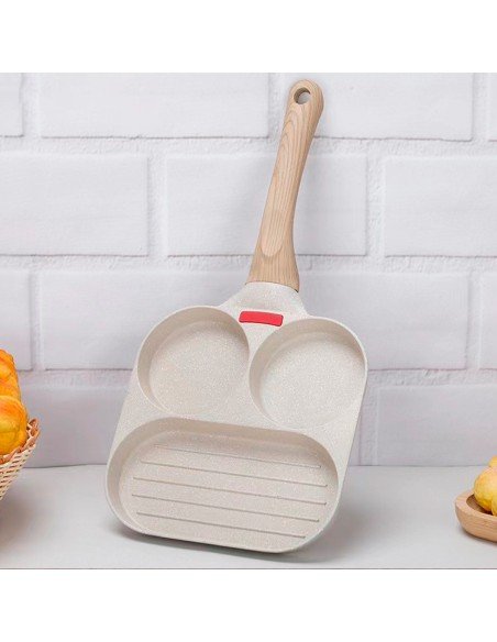 Sartén Antiadherente para Cocinar con 3 Divisiones Mango de Madera 18x18 cm-ST-40381