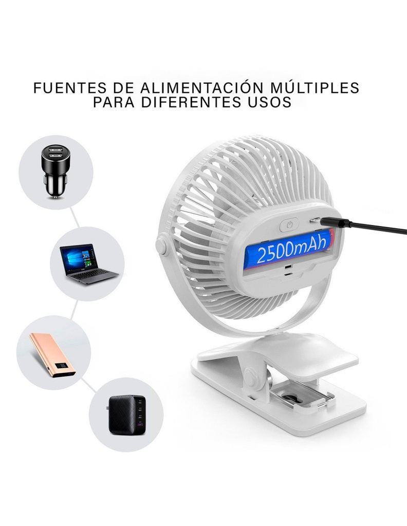 Ventilador Abanico Portátil color  Blanco con clip 11 cms de ancho x 14 cms de Altura con Motor para 18000 horas USB-VE-40125