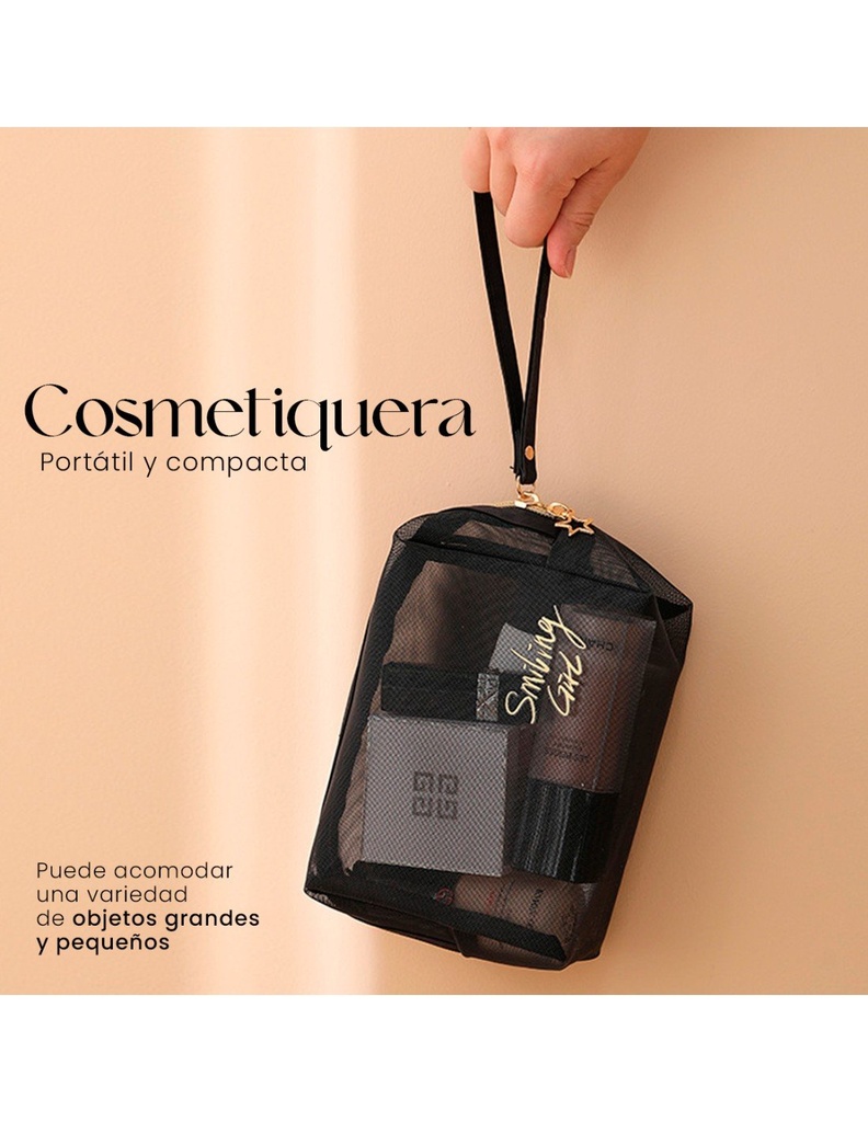 Bolsa de Cosméticos Portátil Translucida de Nailón 18 cm, 9 cm y 12 cm Negro-BL-41483