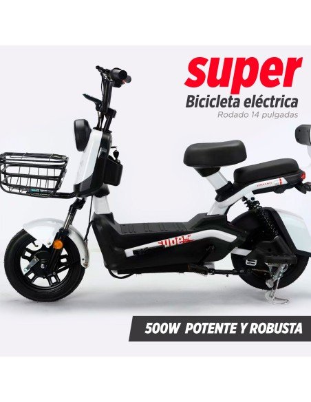 Bicicleta Eléctrica de 500 Watts Color Blanco Hasta 40 km/h 4 Baterías de 12V 48/ 20Ah-BE-40700