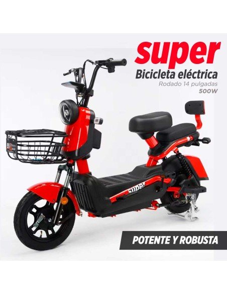 Bicicleta Eléctrica de 500 Watts Color Roja Hasta 40 km/h 4 Baterías de 12V 48/ 20Ah-BE-40699