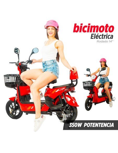 Bicimoto Eléctrica de 350 Watts Color Roja Hasta 40 km/h 4 Baterías de 12V-BE-39757