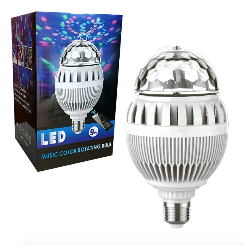 Foco giratorio con bocina y luz led rgb 9w / music color rotating bulb y contro remoto