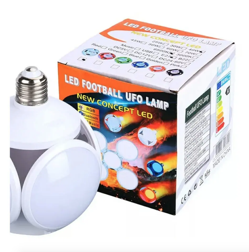 Foco led plegable tipo balón de fútbol con luz rgb y consumo de 40w 