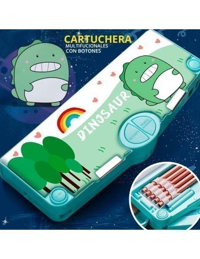 [PL-42699] Cartuchera Dinosaurio Verde con Varios Compartimentos Tijeras, Goma, Sacapuntas Despachador de Cinta-PL-42699