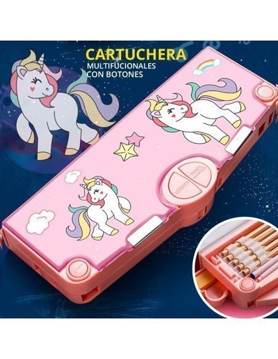 [PL-42696] Cartuchera Unicornio Rosa con Varios Compartimentos Tijeras, Goma, Sacapuntas Despachador de Cinta-PL-42696